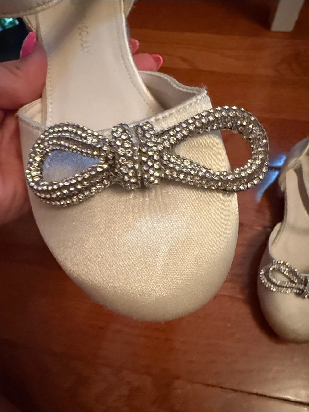 Trish Scully Girls Ivory Ankle-Strap Dress Flats with Rhinestone Bow